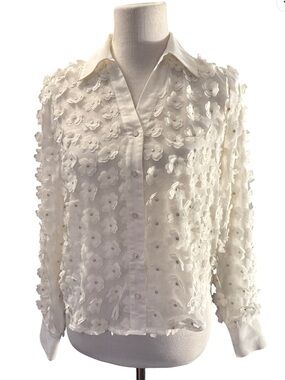 Adrianna Papell Ivory 3D Floral Appliqué Button-Down Shirt size small